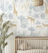 Children's room with jungle-themed wallpaper featuring giraffes, zebras, palm trees and crib.
