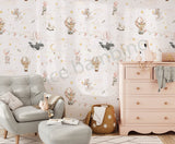 a decorative wallpaper featuring hot air balloons and animals.