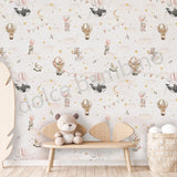 a decorative wallpaper featuring hot air balloons and animals.