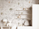 A wallpaper featuring characters from Winnie the Pooh in a forest setting, with a study table,storage unit and shelf