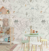 A wallpaper featuring characters from Winnie the Pooh in a forest setting,with table and chairs,house-shaped shelf,and a tall shelf.