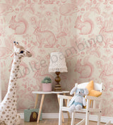 A Kids room featuring a whimsical wallpaper with animal illustrations in a pastel color palette.