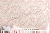 A Kids room featuring a whimsical wallpaper with animal illustrations in a pastel color palette.