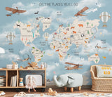 World map mural with airplanes and animals in a child's room.