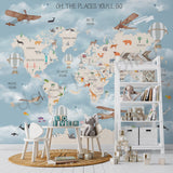 Children's room with world map wall mural, children's furniture, and toys.