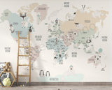 Kids world map wallpaper in pastel colours
