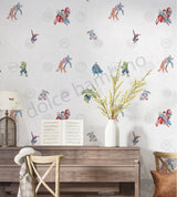 A wall adorned with colorful superhero-themed wallpaper, featuring various iconic superhero characters, in a room.